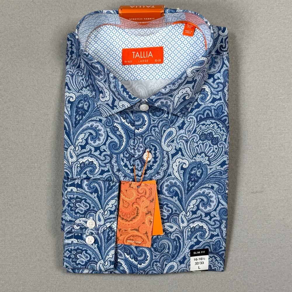 Tallia Men's Slim-Fit Paisley Dress Shirt - Blue 16-16.5 32-33 $80